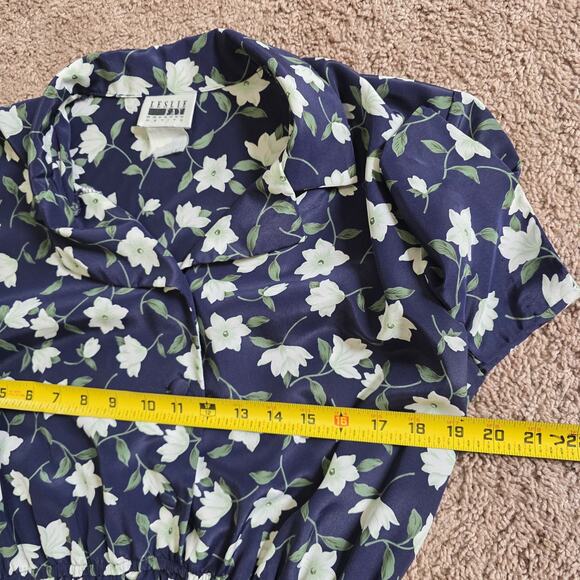 Vintage Floral Cottagecore Fit & Flare Dress Womens M Blue Modest Teacher 90s - Picture 7 of 9